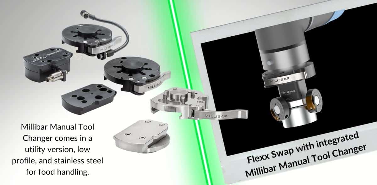 The Millibar Manual Tool Changer has been integrated by Flexxbotics into their new product the Flexx Swap